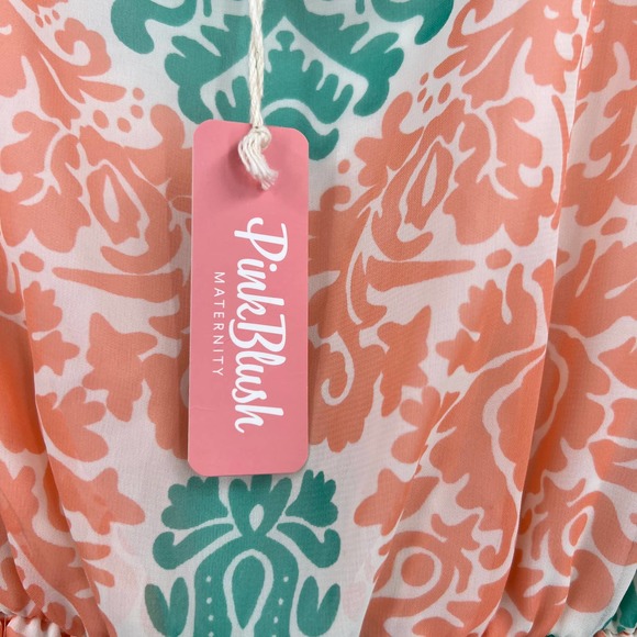Pink Blush Maternity Mint Green Peach Printed Chiffon Midi Dress Lined Medium - Picture 6 of 9